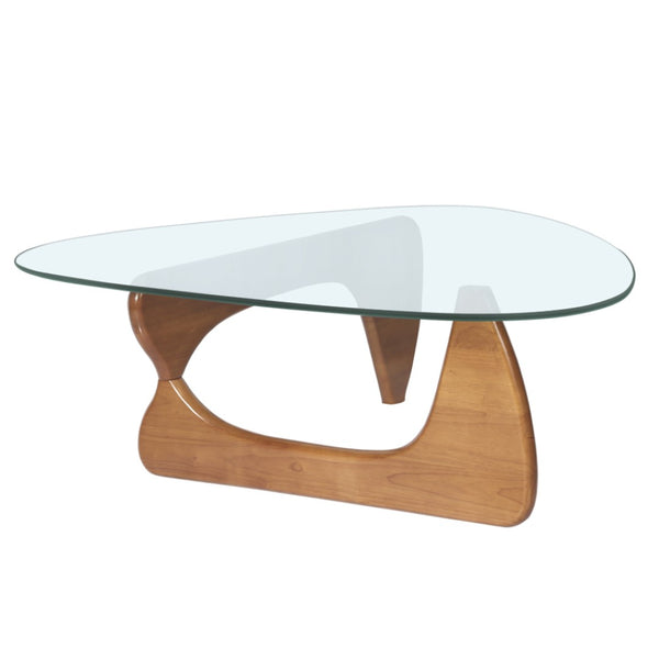 HomeRoots 54" Modern Abstract Triangle Coffee Table with Clear Glass Top & Sculptural Wooden Base Design 635429