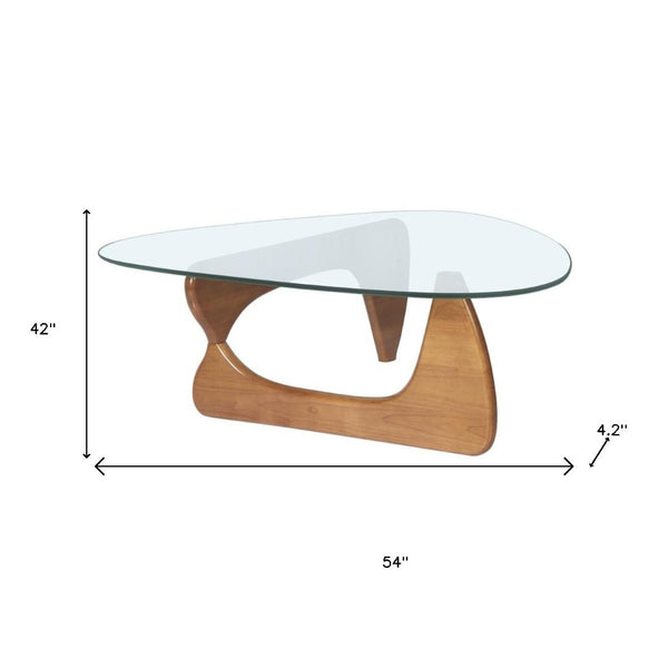 HomeRoots 54" Modern Abstract Triangle Coffee Table with Clear Glass Top & Sculptural Wooden Base Design 635429