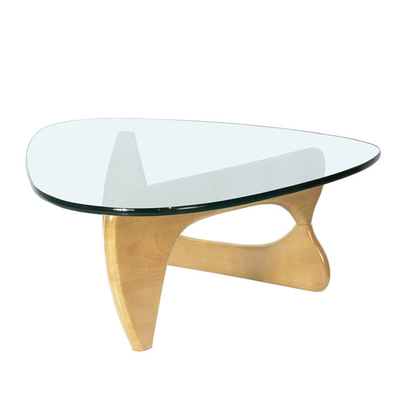 HomeRoots 54" Modern Triangle Coffee Table with Clear Glass Top and Natural Wood Base for Stylish Interiors 635430