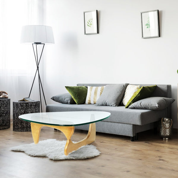 HomeRoots 54" Modern Triangle Coffee Table with Clear Glass Top and Natural Wood Base for Stylish Interiors 635430