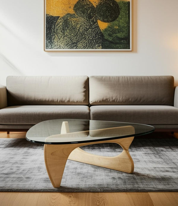 HomeRoots 54" Modern Triangle Coffee Table with Clear Glass Top and Natural Wood Base for Stylish Interiors 635430