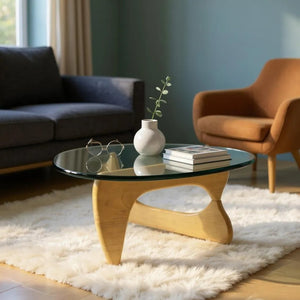 HomeRoots 54" Modern Triangle Coffee Table with Clear Glass Top and Natural Wood Base for Stylish Interiors 635430