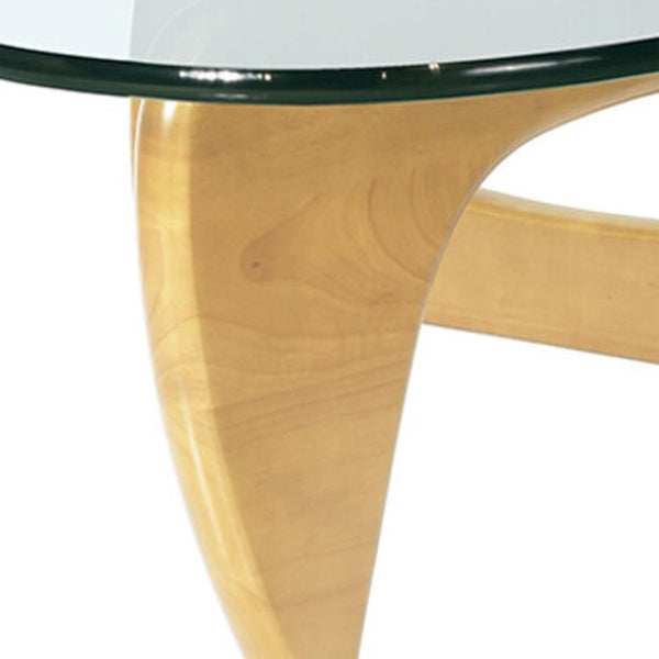 HomeRoots 54" Modern Triangle Coffee Table with Clear Glass Top and Natural Wood Base for Stylish Interiors 635430