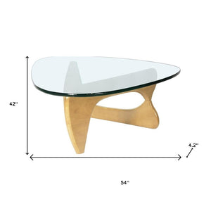 HomeRoots 54" Modern Triangle Coffee Table with Clear Glass Top and Natural Wood Base for Stylish Interiors 635430