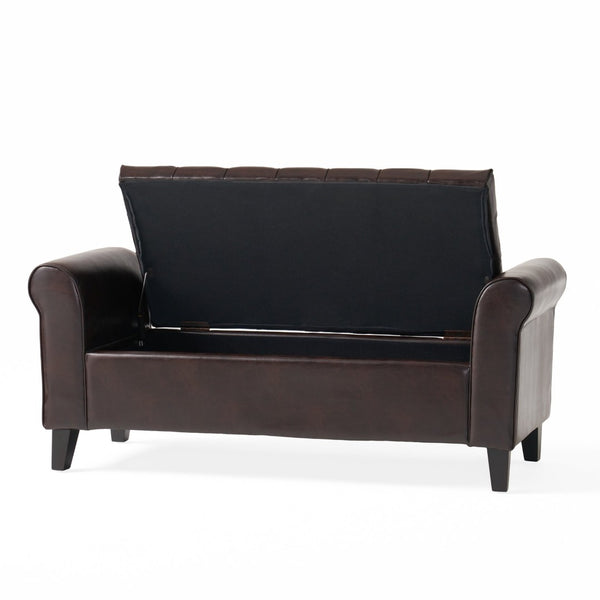 English Elm Brown Tufted Linen Storage Bench with Rolled Arms for Bedroom or Entryway N770P372389D