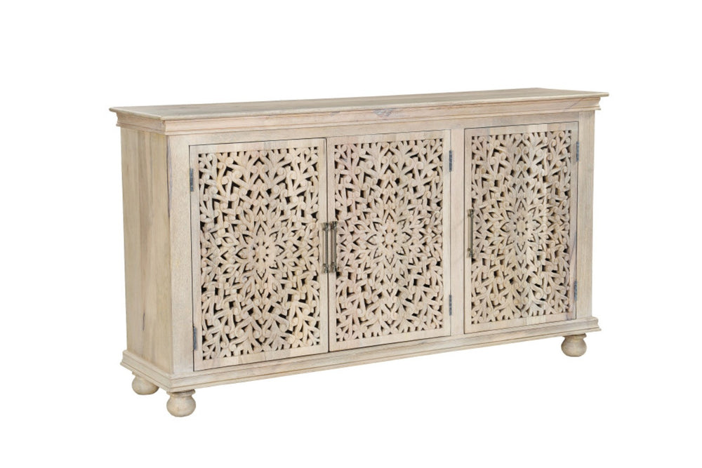 HomeRoots 72" Elegant White Solid Wood Floral Carved Sideboard - Timeless Storage for Any Room Decor 635490