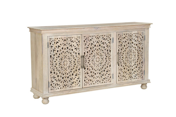 HomeRoots 72" Elegant White Solid Wood Floral Carved Sideboard - Timeless Storage for Any Room Decor 635490