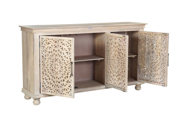 HomeRoots 72" Elegant White Solid Wood Floral Carved Sideboard - Timeless Storage for Any Room Decor 635490