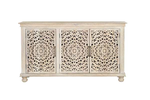 HomeRoots 72" Elegant White Solid Wood Floral Carved Sideboard - Timeless Storage for Any Room Decor 635490
