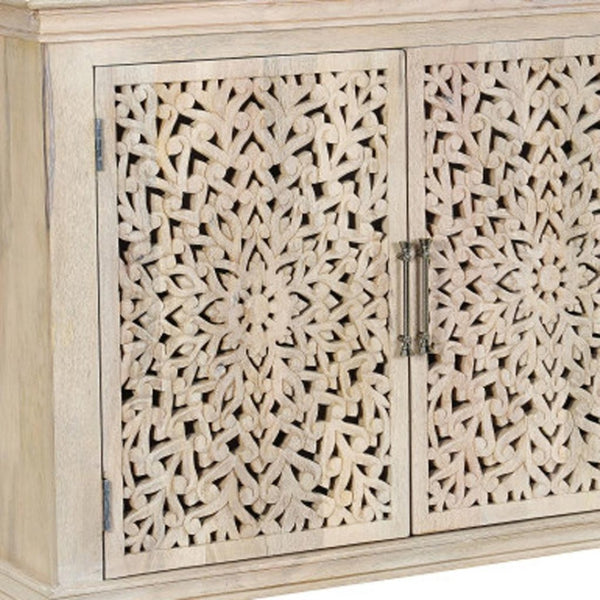 HomeRoots 72" Elegant White Solid Wood Floral Carved Sideboard - Timeless Storage for Any Room Decor 635490