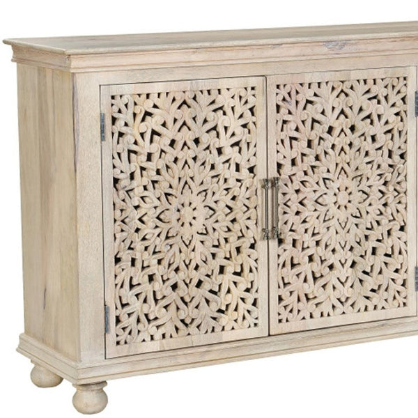 HomeRoots 72" Elegant White Solid Wood Floral Carved Sideboard - Timeless Storage for Any Room Decor 635490