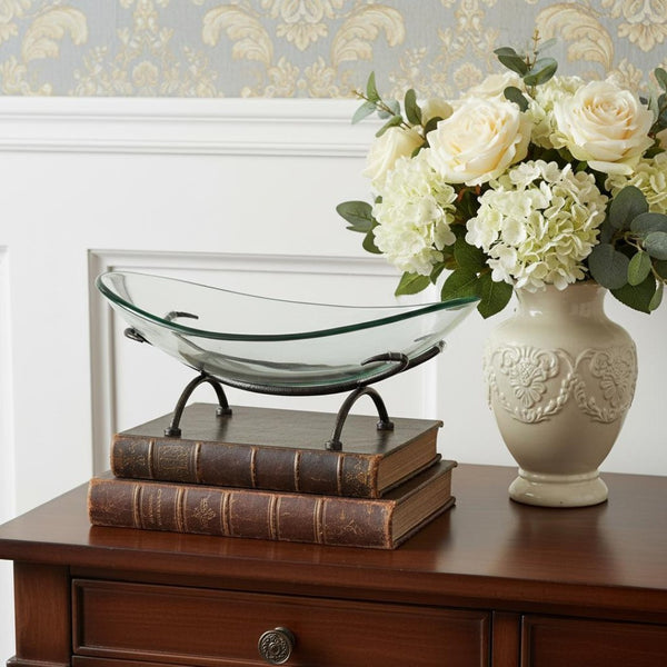 HomeRoots 17" Elegant Handcrafted Clear & Black Glass Decorative Bowl on Unique Metal Stand for Home Décor 635498