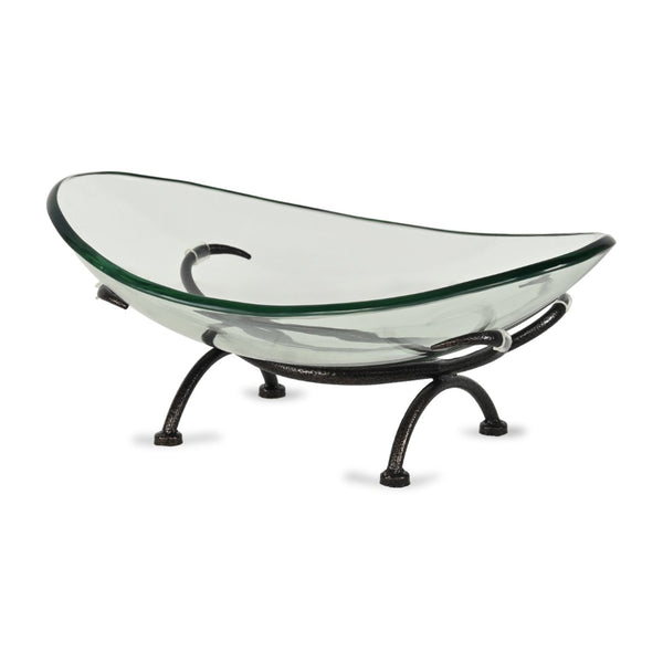 HomeRoots 17" Elegant Handcrafted Clear & Black Glass Decorative Bowl on Unique Metal Stand for Home Décor 635498