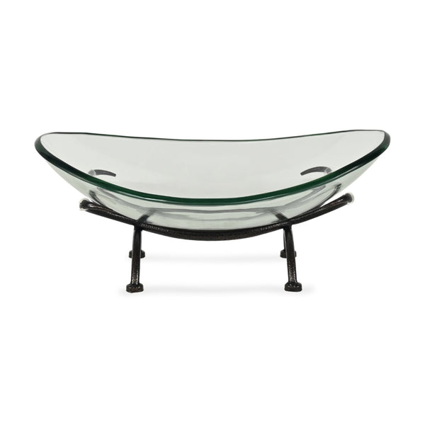 HomeRoots 17" Elegant Handcrafted Clear & Black Glass Decorative Bowl on Unique Metal Stand for Home Décor 635498