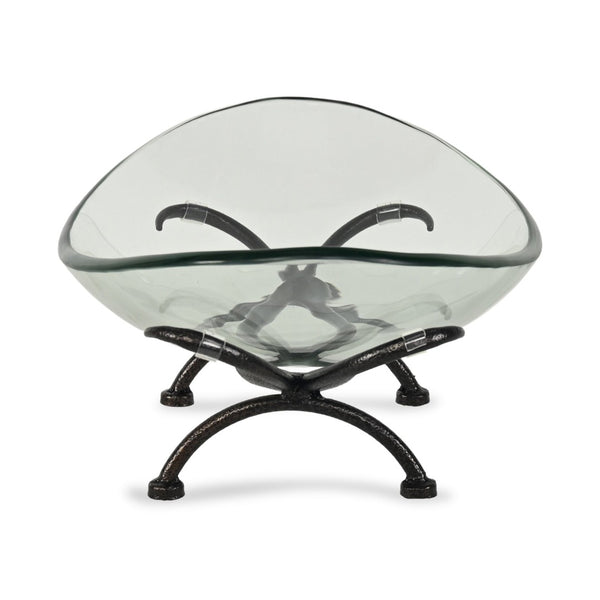 HomeRoots 17" Elegant Handcrafted Clear & Black Glass Decorative Bowl on Unique Metal Stand for Home Décor 635498