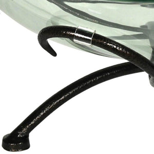 HomeRoots 13" Handcrafted Clear and Black Decorative Bowl with Weathered Metal Stand for Stylish Home Decor 635499