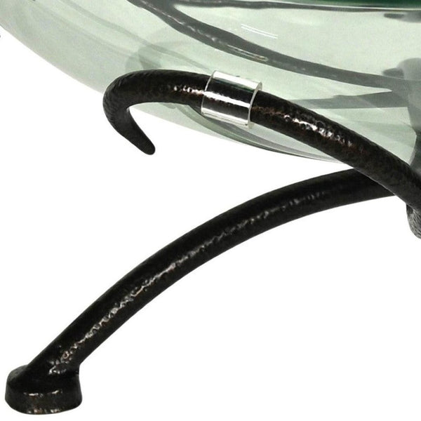 HomeRoots 13" Handcrafted Clear and Black Decorative Bowl with Weathered Metal Stand for Stylish Home Decor 635499