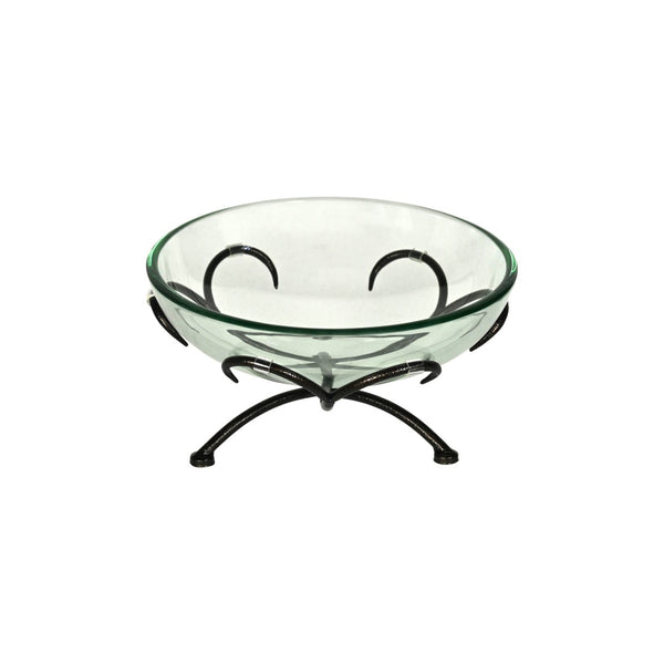 HomeRoots 13" Handcrafted Clear and Black Decorative Bowl with Weathered Metal Stand for Stylish Home Decor 635499