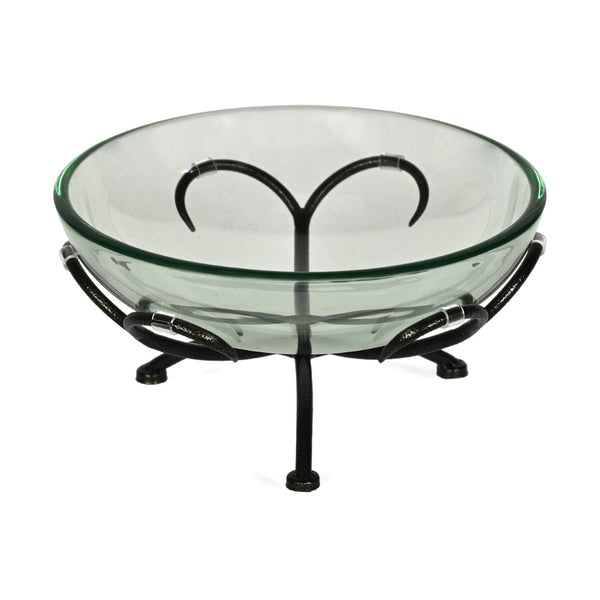 HomeRoots 13" Handcrafted Clear and Black Decorative Bowl with Weathered Metal Stand for Stylish Home Decor 635499