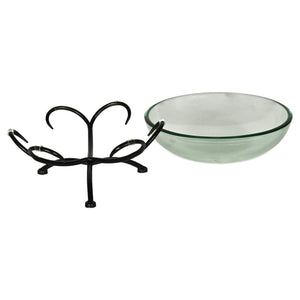 HomeRoots 13" Handcrafted Clear and Black Decorative Bowl with Weathered Metal Stand for Stylish Home Decor 635499