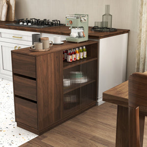 English Elm Kitchen Small Sideboard Countertop Organizer with Sliding Glass Doors, 3 Drawers & Display Shelf, Modern Storage Cabinet W331P289098
