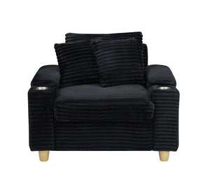 English Elm Black corduroy single sofa with ottoman storage, built-in armrest compartments, removable pillows, modern cozy design W1658S00135