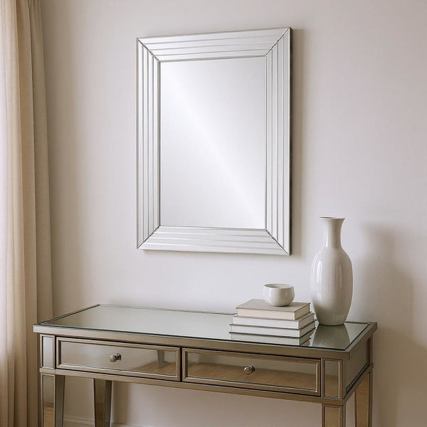 HomeRoots 39" Silver Geo Lines Frameless Accent Mirror - Modern Beveled Glass Design for Any Room's Elegance 635501