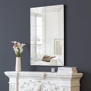 HomeRoots 39" Silver Geo Lines Frameless Accent Mirror - Modern Beveled Glass Design for Any Room's Elegance 635501