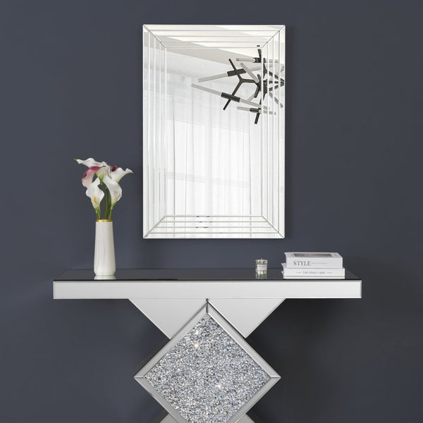 HomeRoots 39" Silver Geo Lines Frameless Accent Mirror - Modern Beveled Glass Design for Any Room's Elegance 635501