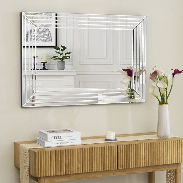 HomeRoots 39" Silver Geo Lines Frameless Accent Mirror - Modern Beveled Glass Design for Any Room's Elegance 635501
