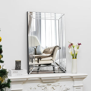HomeRoots 39" Silver Geo Lines Frameless Accent Mirror - Modern Beveled Glass Design for Any Room's Elegance 635501