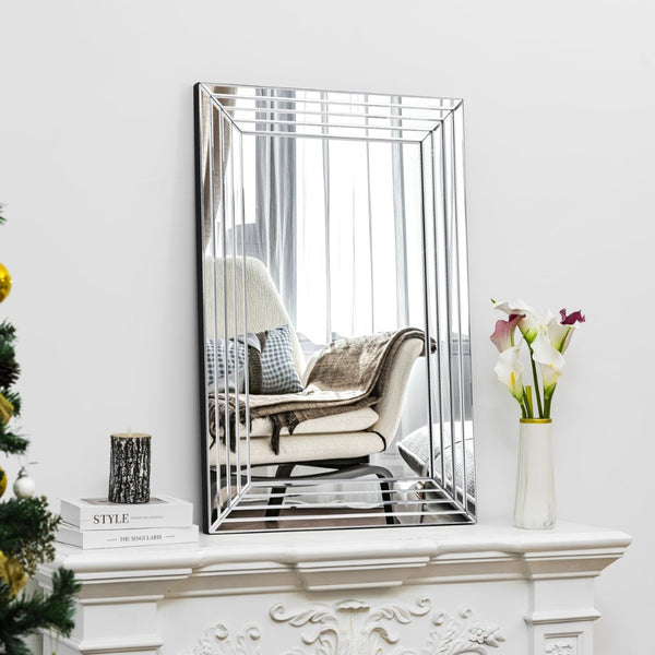 HomeRoots 39" Silver Geo Lines Frameless Accent Mirror - Modern Beveled Glass Design for Any Room's Elegance 635501