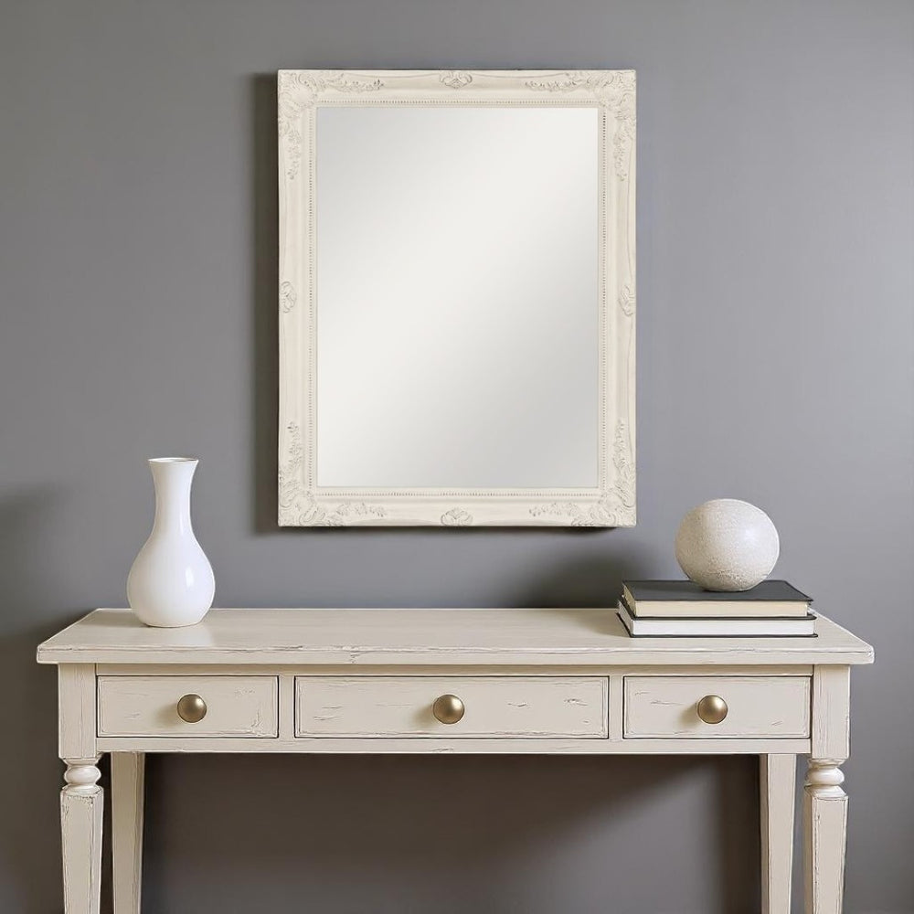 HomeRoots 40" Vintage White Wood Framed Accent Mirror with Carved Scrollwork, Perfect for Elegant Decor Spaces 635502