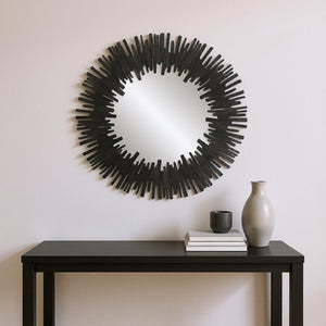 HomeRoots 36" Black Wood Sunburst Accent Mirror - Oversized Modern Artistry for Stunning Room Transformations 635504