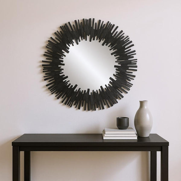HomeRoots 36" Black Wood Sunburst Accent Mirror - Oversized Modern Artistry for Stunning Room Transformations 635504