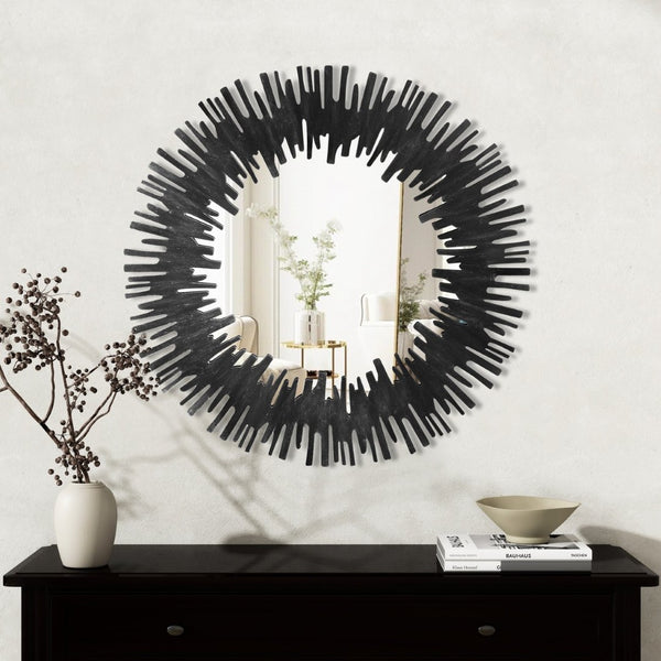 HomeRoots 36" Black Wood Sunburst Accent Mirror - Oversized Modern Artistry for Stunning Room Transformations 635504
