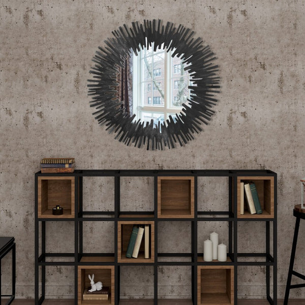 HomeRoots 36" Black Wood Sunburst Accent Mirror - Oversized Modern Artistry for Stunning Room Transformations 635504