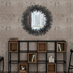 HomeRoots 36" Black Wood Sunburst Accent Mirror - Oversized Modern Artistry for Stunning Room Transformations 635504