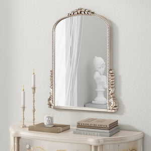 HomeRoots 34" Silver Baroque Arch Accent Mirror - Elegant Framed Decor for Entryway, Bedroom, or Living Room 635506