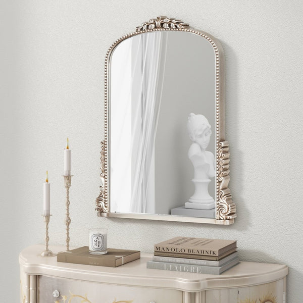 HomeRoots 34" Silver Baroque Arch Accent Mirror - Elegant Framed Decor for Entryway, Bedroom, or Living Room 635506