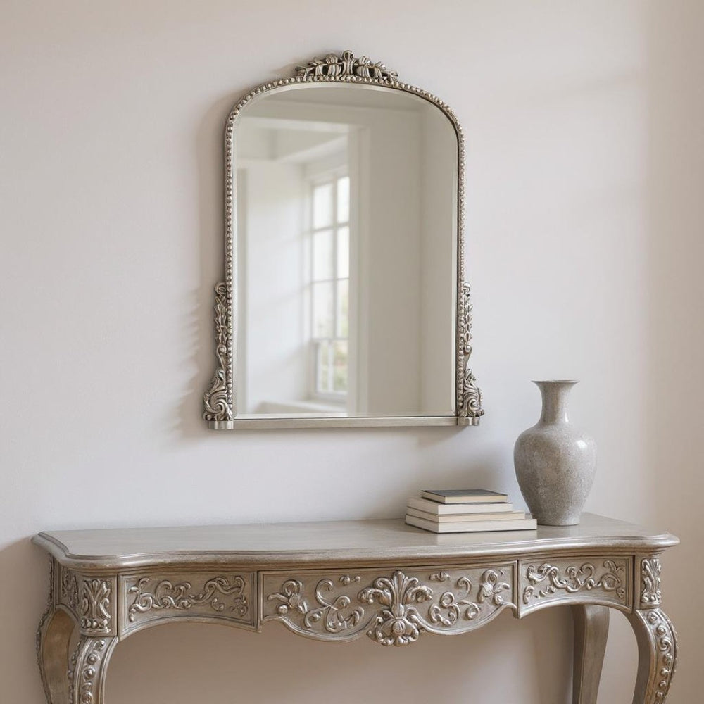 HomeRoots 34" Silver Baroque Arch Accent Mirror - Elegant Framed Decor for Entryway, Bedroom, or Living Room 635506