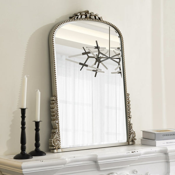 HomeRoots 34" Silver Baroque Arch Accent Mirror - Elegant Framed Decor for Entryway, Bedroom, or Living Room 635506