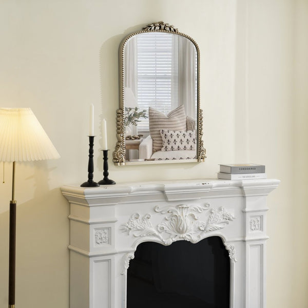 HomeRoots 34" Silver Baroque Arch Accent Mirror - Elegant Framed Decor for Entryway, Bedroom, or Living Room 635506