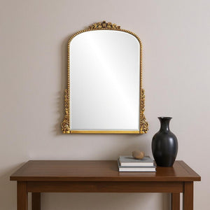 HomeRoots 34" Antiqued Gold Baroque Accent Mirror - Elegant Arched Design with Intricate Scrollwork & Beaded Trim 635507