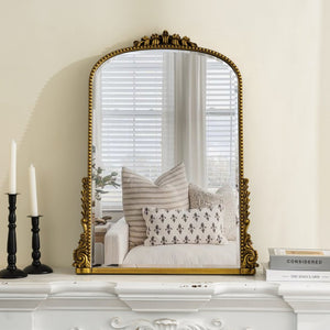 HomeRoots 34" Antiqued Gold Baroque Accent Mirror - Elegant Arched Design with Intricate Scrollwork & Beaded Trim 635507