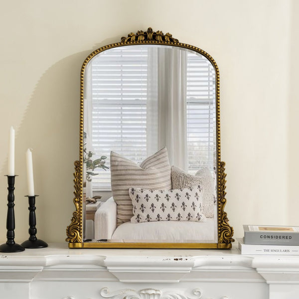 HomeRoots 34" Antiqued Gold Baroque Accent Mirror - Elegant Arched Design with Intricate Scrollwork & Beaded Trim 635507