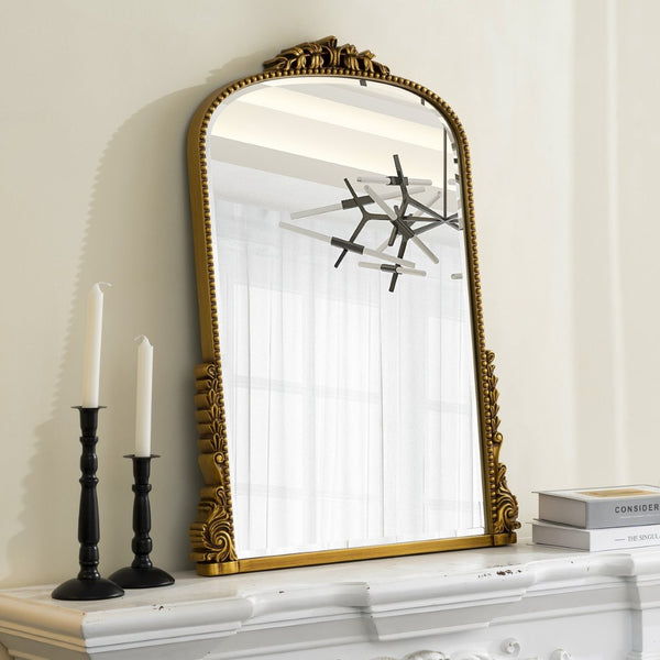 HomeRoots 34" Antiqued Gold Baroque Accent Mirror - Elegant Arched Design with Intricate Scrollwork & Beaded Trim 635507