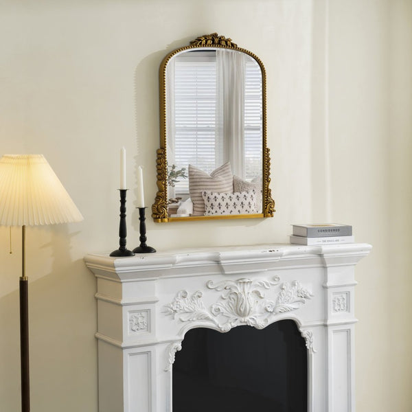 HomeRoots 34" Antiqued Gold Baroque Accent Mirror - Elegant Arched Design with Intricate Scrollwork & Beaded Trim 635507