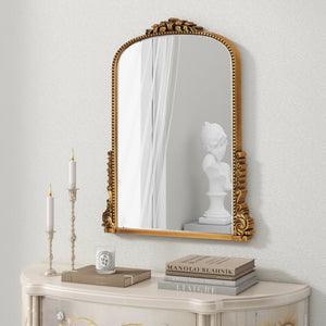 HomeRoots 34" Antiqued Gold Baroque Accent Mirror - Elegant Arched Design with Intricate Scrollwork & Beaded Trim 635507