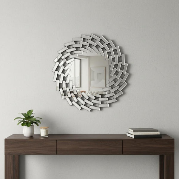 HomeRoots 20" Silver Round Sunburst Accent Mirror - Modern Frameless Design to Brighten Any Room Effortlessly 635510